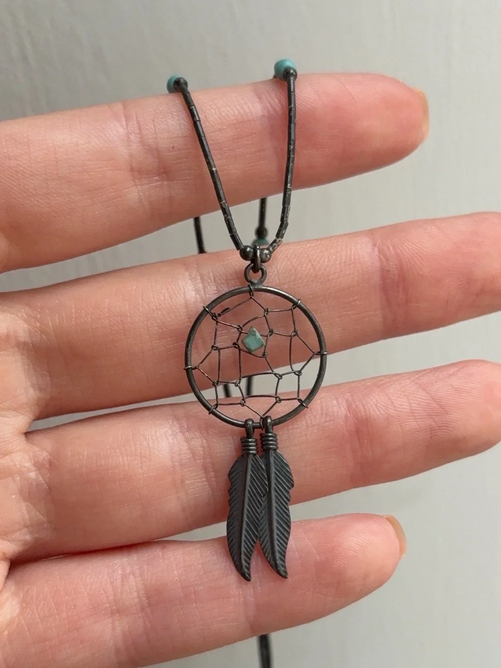 Sterling Silver Navajo Vintage Dream Catcher Turquoise Feather Pendant Necklace